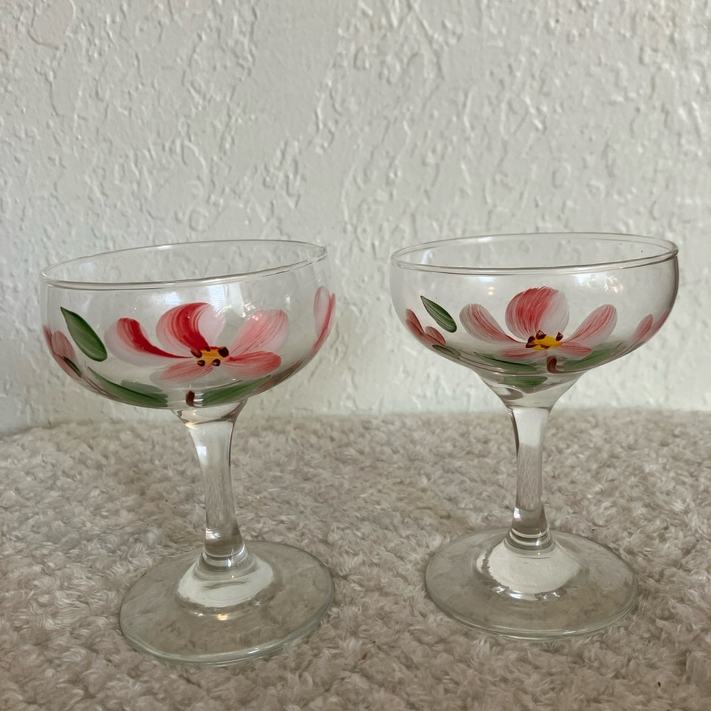 Vtg Franciscan Desert Rose Hand Painted Champagne/Sherbet Stem Glasses Set 2
